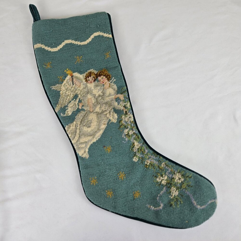 Vintage Embroidered Christmas Stocking Angels Flowers Stars Blue Velvet Back